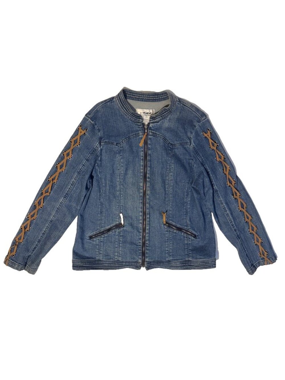 Vintage Back In The Saddle Western Denim Jacket Lace-Up Sleeve Large Zip Up